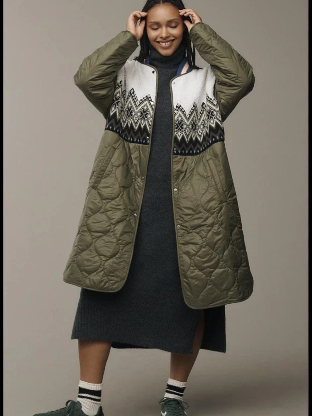 Anthropologie Quilted Fair Isle Coat in Moss Size Small New With Tags - Picture 2 of 14
